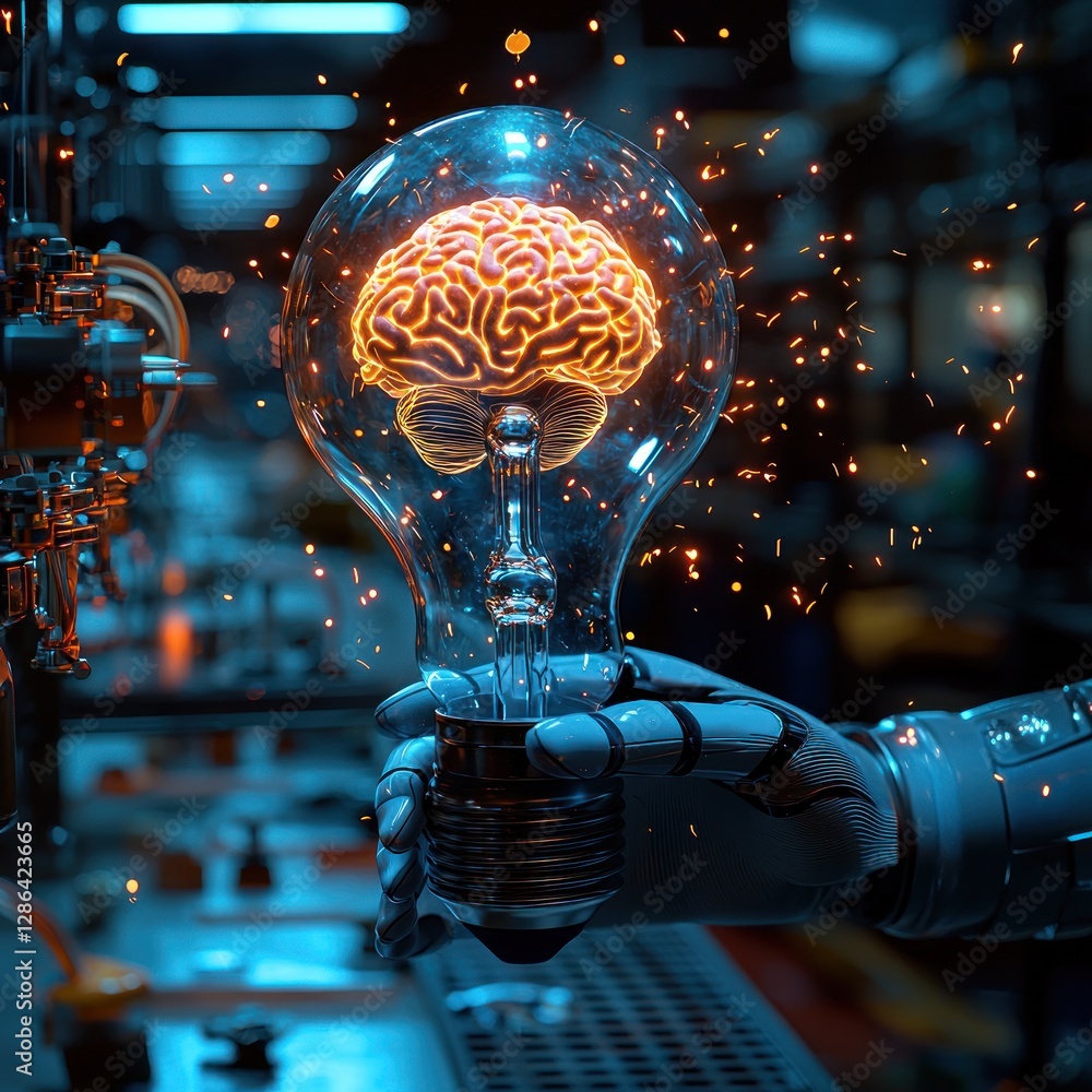 Poster robot hand holding brain lightbulb representing artificial intelligence and innovation