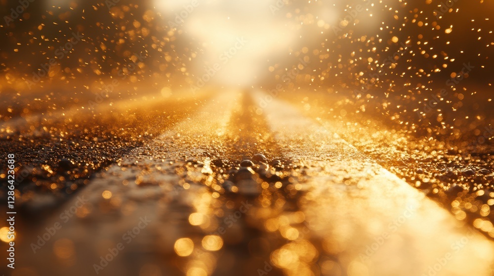 Poster a close-up view of a wet road illuminated by a yellow light, highlighting the shimmering surface and