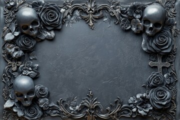 Intricate gothic frame adorned with skulls, roses, and cross evokes dark romanticism and memento mori themes