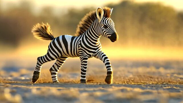 A cute, cartoonish zebra foal running energetically through a sandy, sunlit environment.