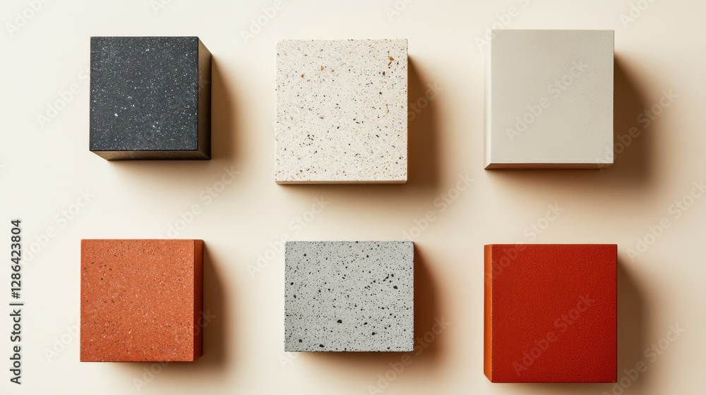 Poster a close-up view showcasing a variety of colorful blocks arranged on a clean white surface, emphasizi