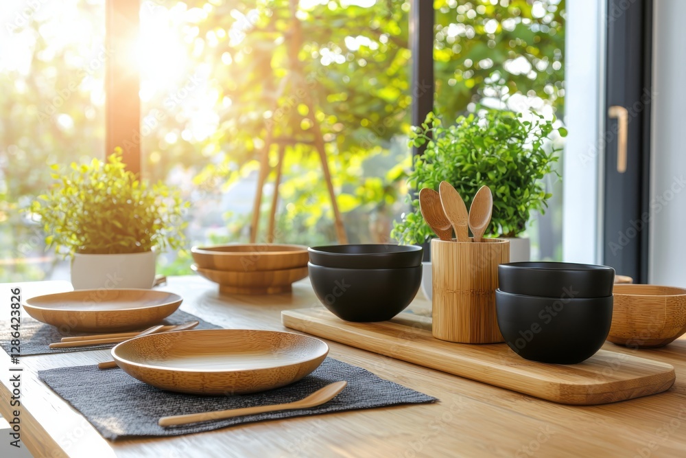 Poster ecofriendly tableware options arranged on a rustic table with warm ambient lighting side view highli