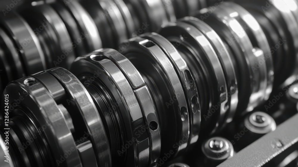 Poster a detailed close-up showcasing intricate metal components of a machine, highlighting its complexity 