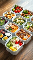 Vibrant meal presentation in ceramic food containers bright wooden table photography natural light straight-on view culinary delight