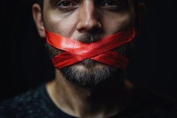 Caucasian man is silenced with red tape over his mouth, symbolizing censorship and freedom of speech