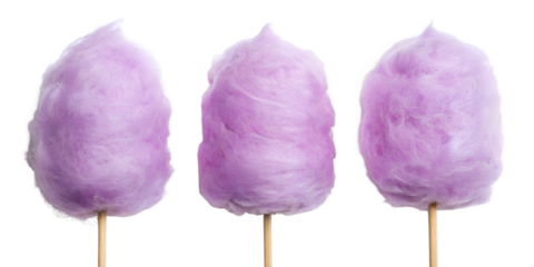 Purple Cotton Candy with Fluffy Texture in Three Distinct Styles for Sweet Treats, PNG Transparent