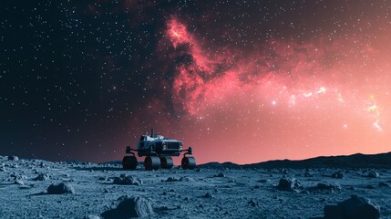 Fototapeta premium Space Rover Parked on Asteroid Surface Under Cosmic Night Sky