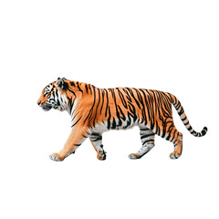 Obraz premium A majestic tiger in a side view walking pose, showcasing detailed fur texture and iconic orange and black stripes