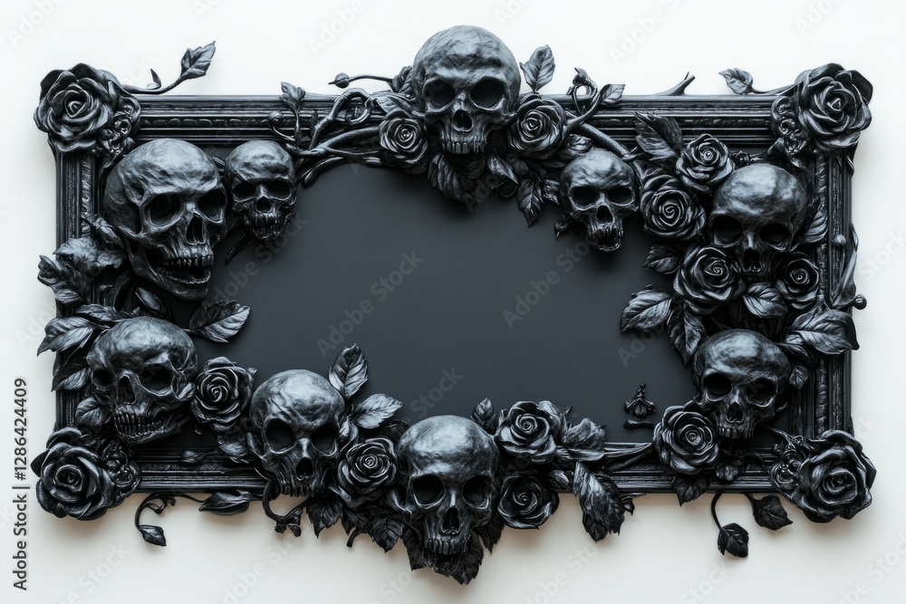 Poster black skulls and roses create a gothic frame around a blank dark gray space, perfect for adding cust