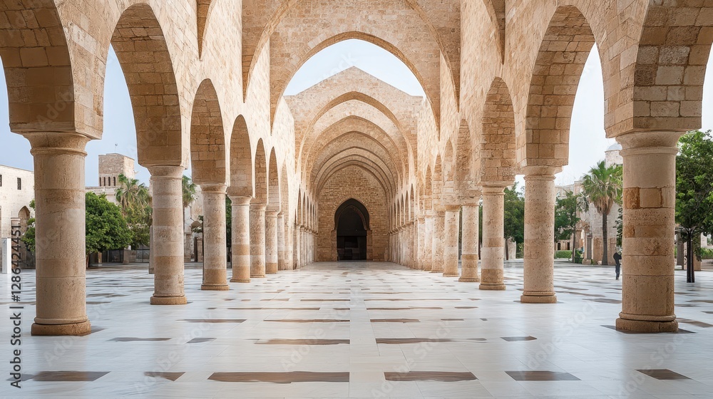 Poster a grand archway adorned with multiple columns, showcasing classic architectural elegance in a spacio