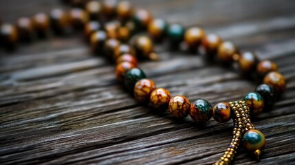Close-up of a beautifully crafted beaded necklace resting on a rustic wooden surface