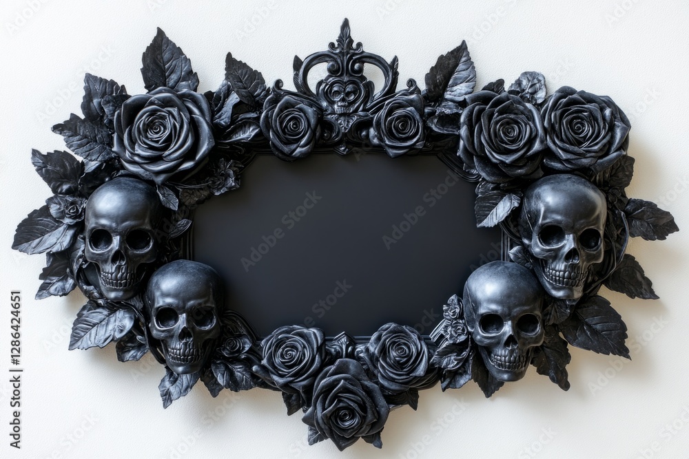 Aufkleber black frame decorated with skulls and roses surrounding an empty blackboard, creating a dark and ele