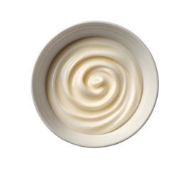 High-quality image of a swirl of smooth, creamy mayonnaise in a white ceramic bowl
