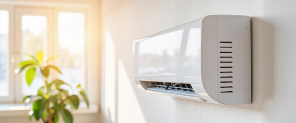 Modern wall-mounted AC unit in sunny living room, effective cooling