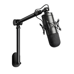High-quality image of a professional podcast microphone mounted on a boom arm