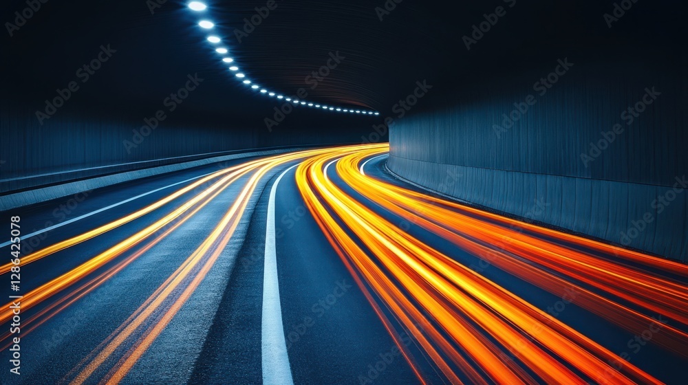 Poster aerial view showcasing a highway featuring a tunnel illuminated by vibrant lights, emphasizing urban