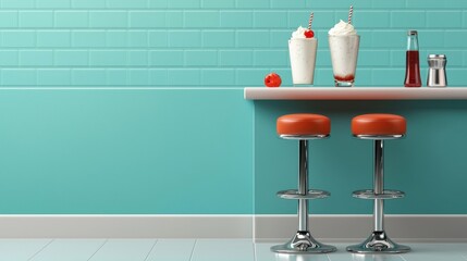 Retro Kitchen Counter with Milkshakes and Colorful Bar Stools
