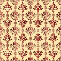 A vintage floral damask pattern with intricate red designs on a soft beige background, perfect for elegant decor.