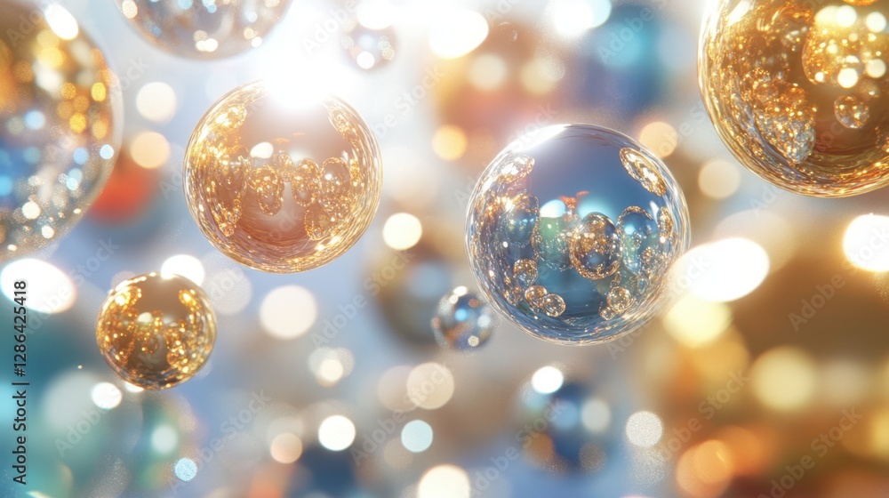 Poster a close-up view of several shiny, reflective spheres suspended gracefully in mid-air, creating a mes