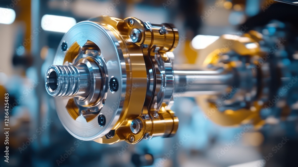 Poster a detailed close-up of a machine showcasing a metallic disc, highlighting its intricate components a