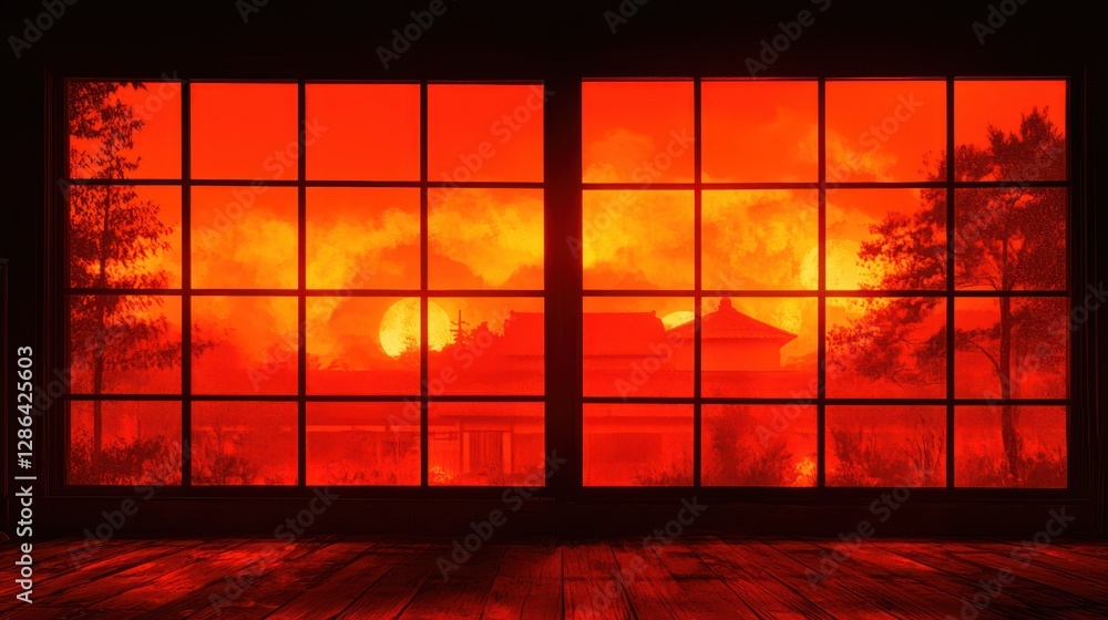 Poster aerial view of a house seen through a window against a vibrant red sky, creating a striking contrast
