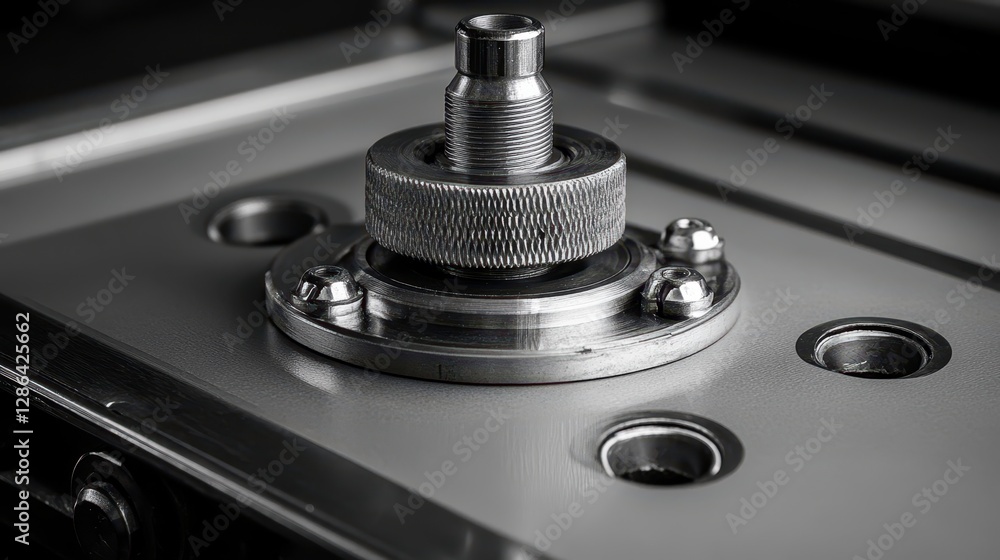 Poster a detailed close-up view of a metallic object featuring a prominent knob, showcasing its texture and