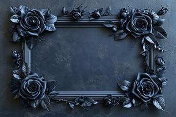 Black roses and leaves are decorating a black frame on a textured background, creating a gothic and elegant atmosphere