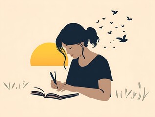 Woman Writing in Book at Sunset with Birds Flying Illustration