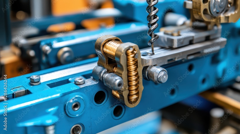 Poster a detailed close-up of a drill attached to a machine, featuring a striking blue background that emph