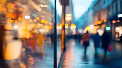 Fototapeta premium Blurred City Street Scene with Colorful Lights and People Walking