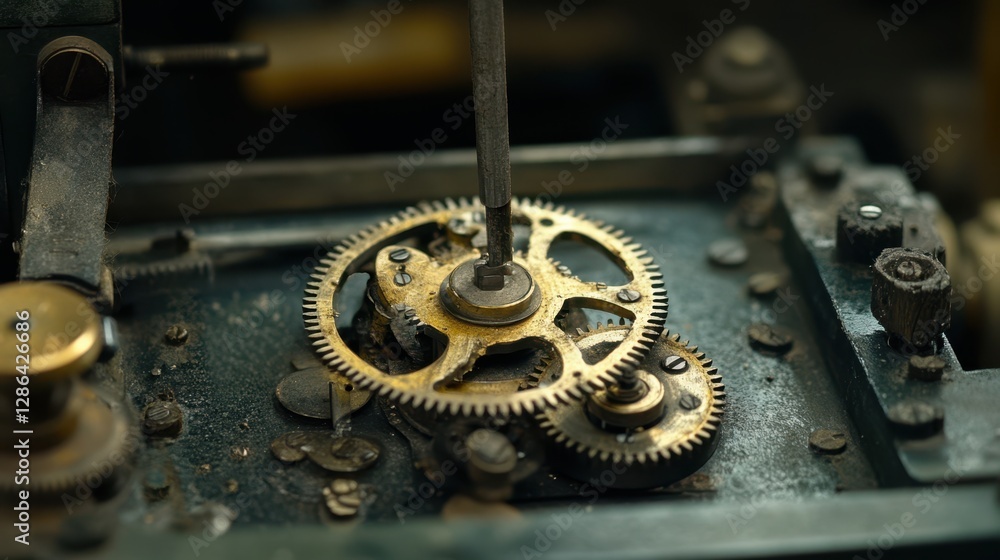Poster a detailed close-up of a clock showcases intricate gears alongside a wrench, highlighting the mechan