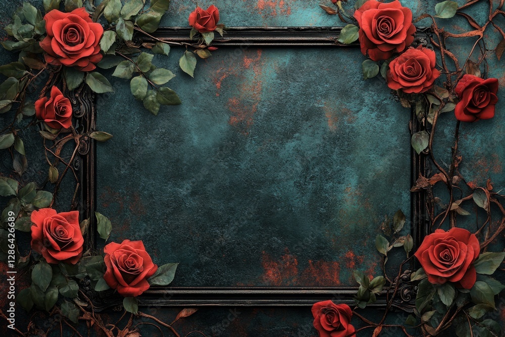 Poster red roses and vines framing a vintage empty frame with teal grunge background create a romantic and 