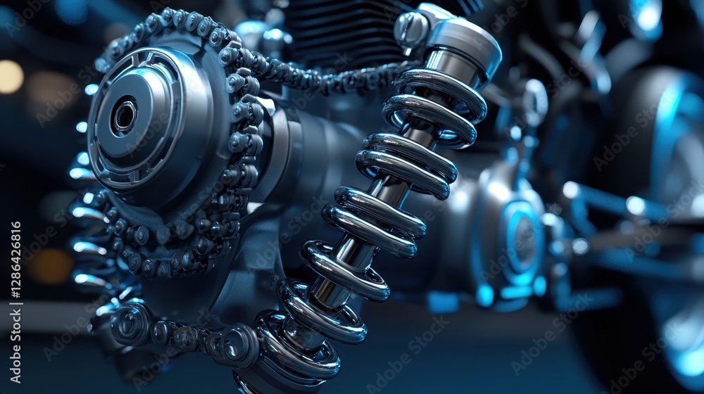 Poster a detailed close-up view of a motorcycle featuring a visible chain, emphasizing its mechanical compo