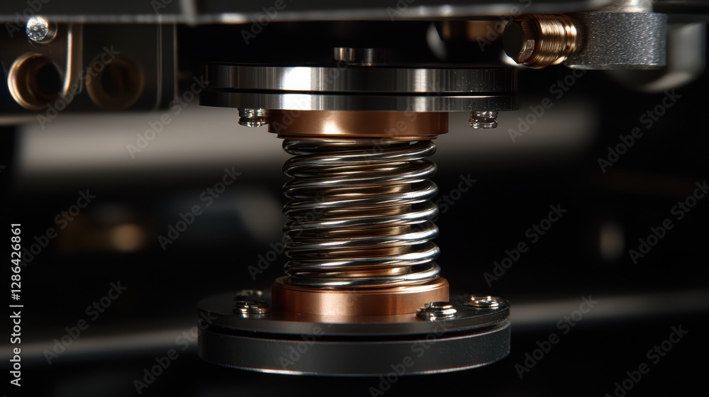 Poster a detailed close-up of a metallic object featuring an intricate metal spring, showcasing texture and