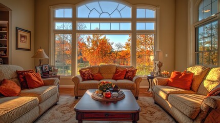 A refined aerial view showcasing a modern living room featuring stylish couches and a central coffee table, creating a cozy atmosphere.