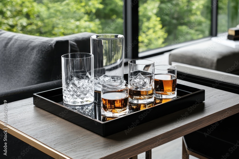 Poster elegant all-in-one barware display on sleek bar cart in soft evening light versatile and stylish hom