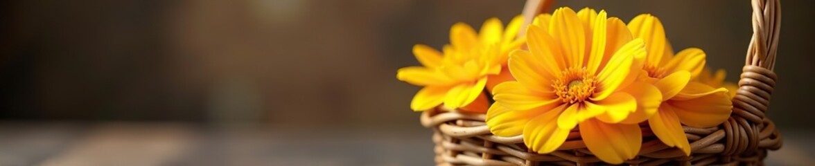 Fototapeta premium Delicate marigold petals unfurl in a woven basket, delicate, golden, bloom