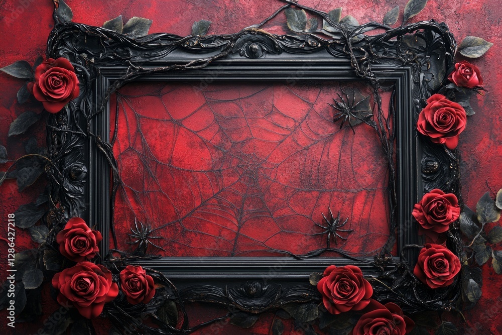 Poster spooky halloween background featuring black ornate frame with red roses and spider web on red textur