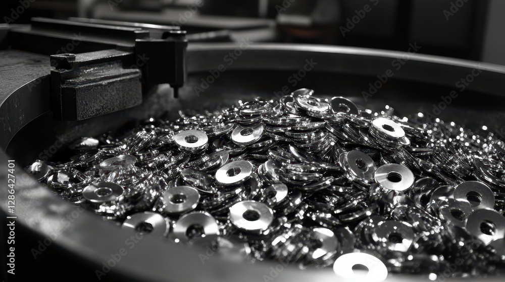 Poster a detailed close-up view showcasing a bowl filled with assorted screws and nuts placed on a textured