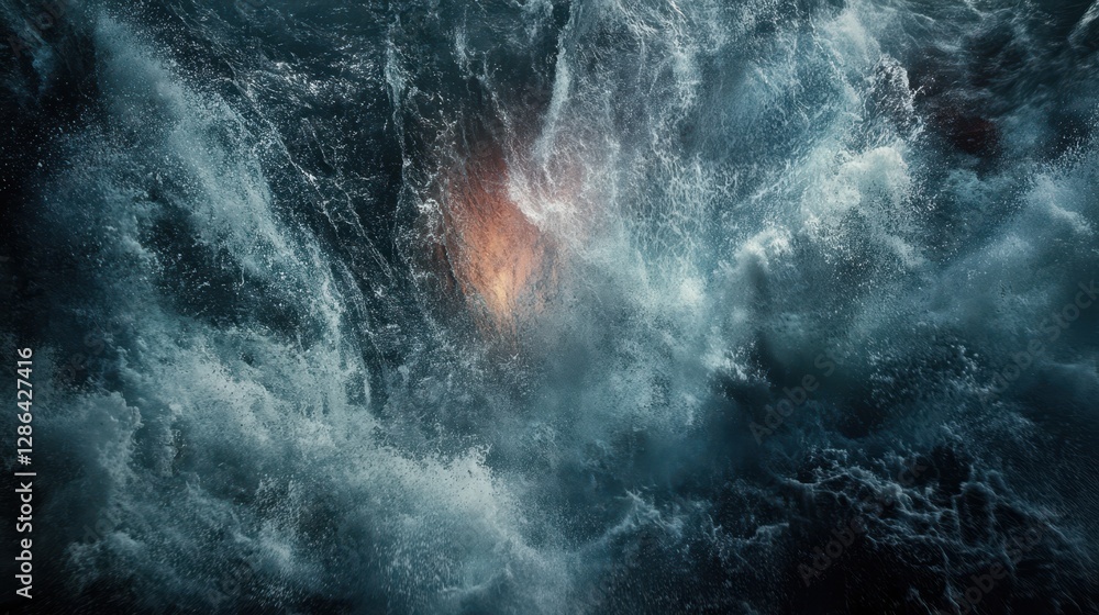 Poster aerial view showcasing a boat floating on the ocean, surrounded by a mesmerizing fire illuminating t