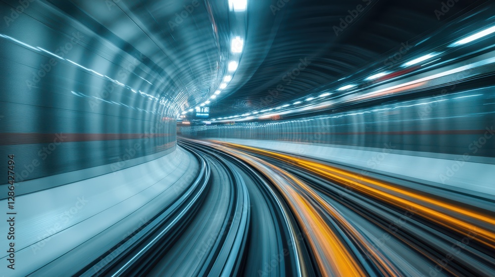Poster arafed view of a train entering a tunnel illuminated by bright lights, showcasing the dynamic motion