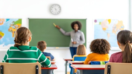 Teacher explaining lesson on blackboard in classroom with students, back to school education learning concept in elementary school