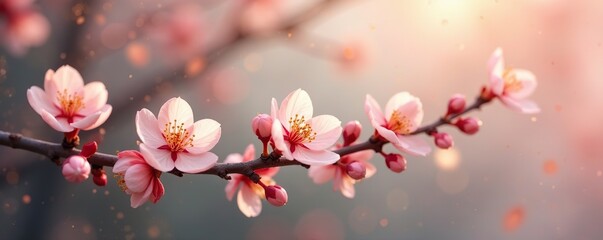 Fototapeta premium Delicate peach blossom branches with intricate golden details against a soft-focus background, abstract, delicate, gold accents