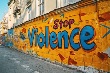 Naklejka premium Graffiti saying stop violence painted on a brick wall in a city street