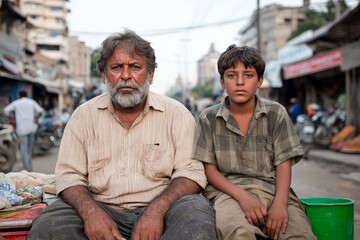 Elderly man with weathered face sitting beside young boy in busy marketplace urban backdrop depicting generational contrast resilience hardship and survival in a raw documentary style street portrait