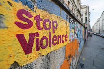 Naklejka premium Graffiti against violence painted on a colorful wall along a street with cars parked