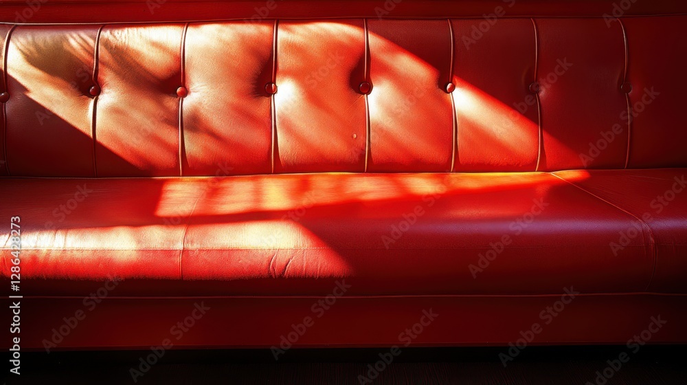Poster sunlight streams through a window, illuminating a vibrant red leather couch, creating a warm and inv