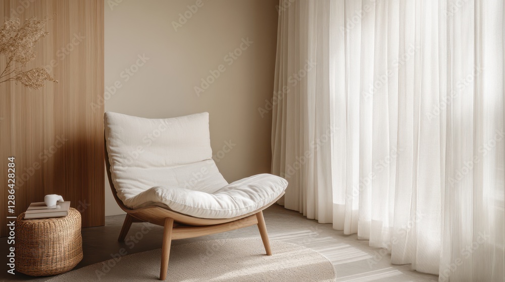 Poster a cozy room features a chair with a soft cushion positioned near a window, creating an inviting atmo