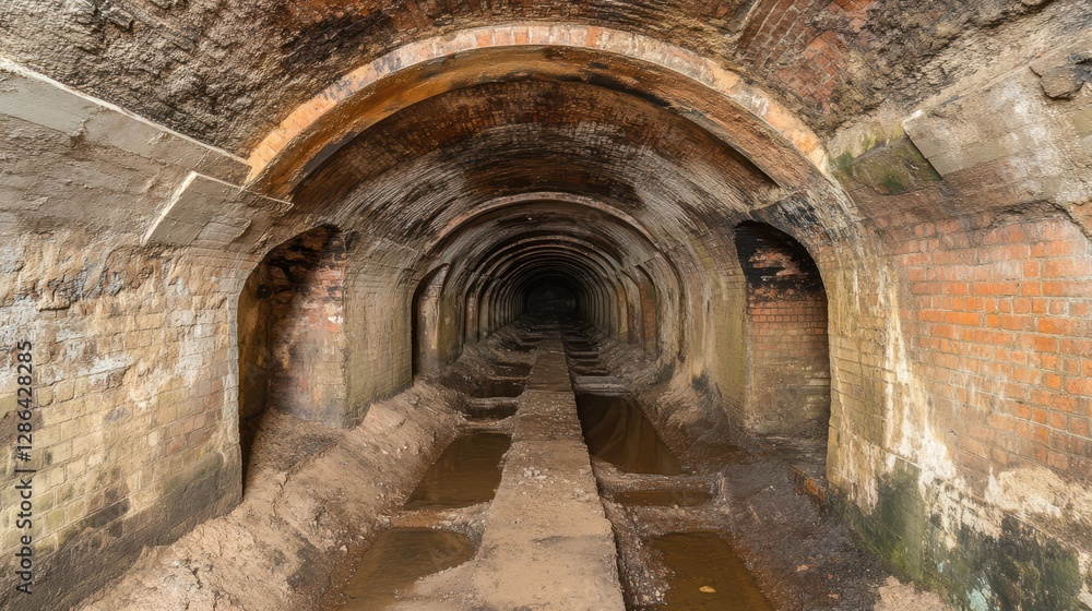 Poster a long and narrow tunnel extends into the distance, characterized by dim lighting and textured walls