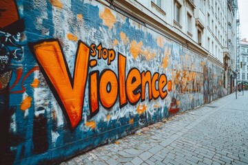 Naklejka premium Graffiti stating stop violence painted on a brick wall along a city street, conveying a powerful social message